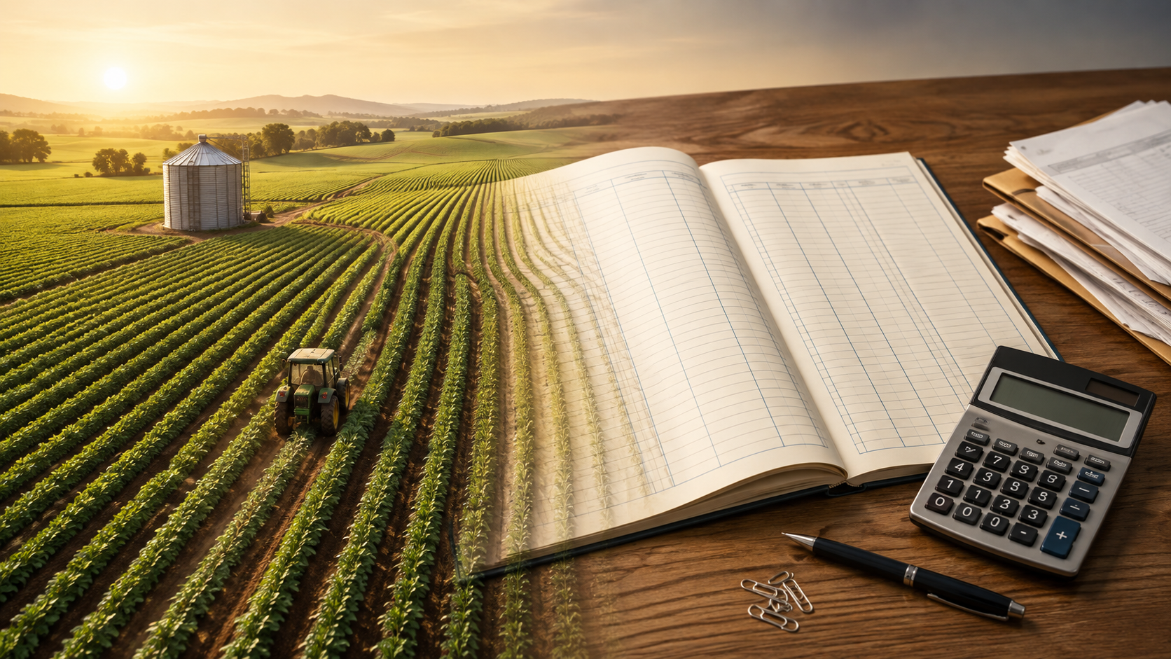 Livro Caixa aberto sobre uma mesa, integrado a uma lavoura com trator e silo, representando a organização das receitas, despesas e documentos da atividade rural em 2026.