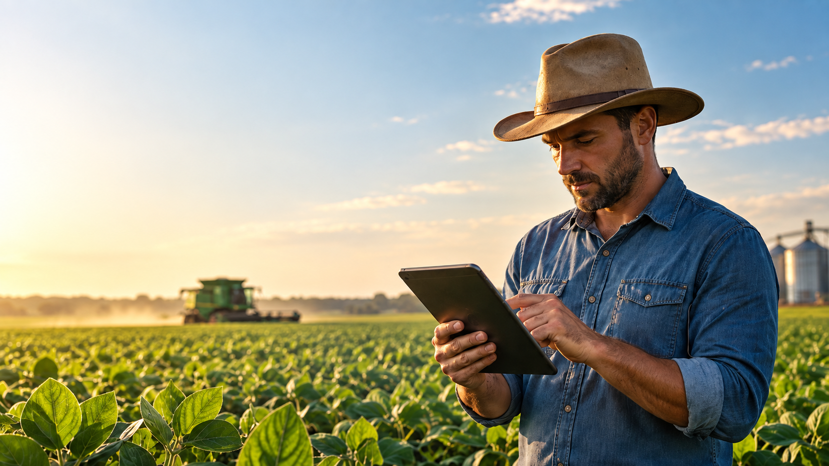 Produtor rural usando um tablet em uma lavoura ao entardecer, com colheitadeira ao fundo e silos na propriedade, representando controle de custos e gestão da produção agrícola.