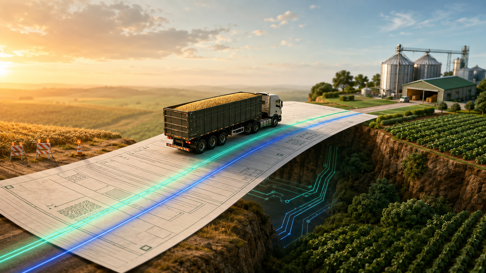 Caminhão carregado de grãos atravessa uma ponte formada por uma nota fiscal digital entre a lavoura e os silos, representando a transição do IBS e da CBS em 2026 e 2027.