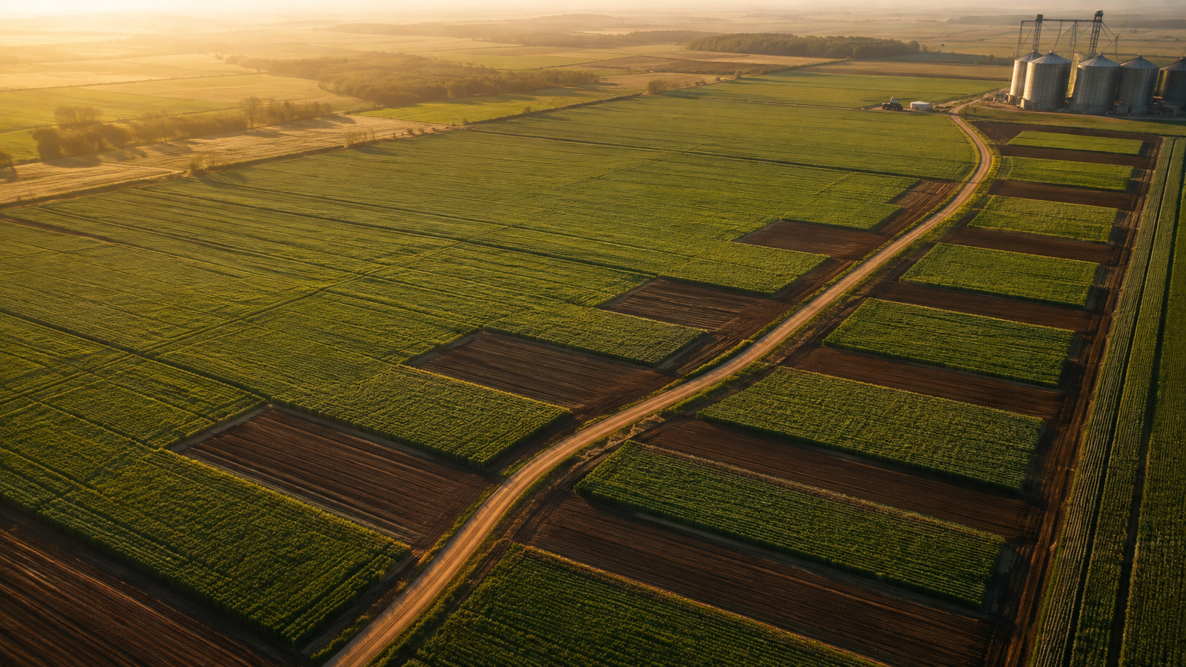Vista aérea de lavoura com talhões organizados, estrada e silos, representando planejamento financeiro rural.
