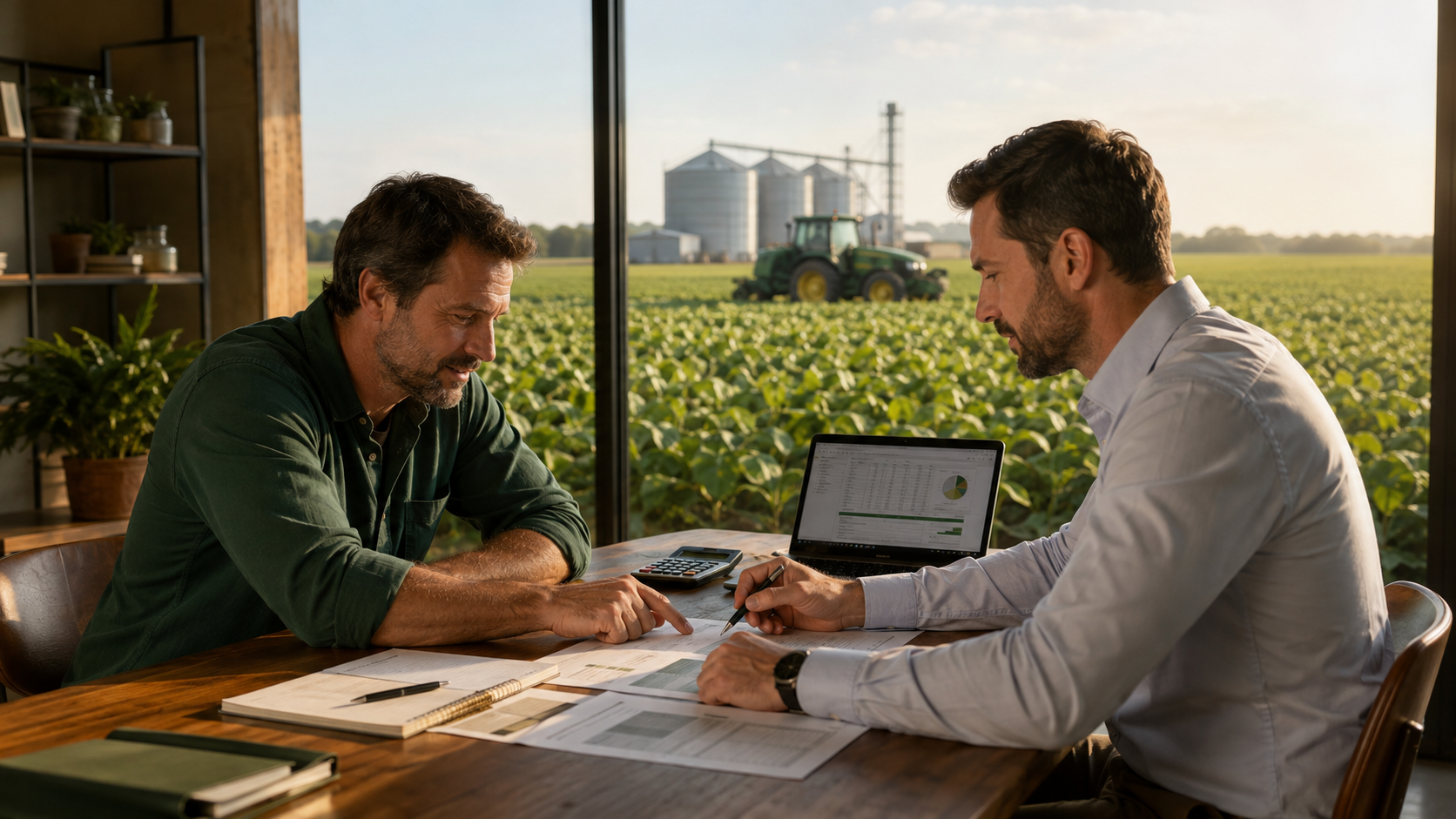Produtor rural e consultor organizando documentos para crédito, com lavoura, trator e silos ao fundo