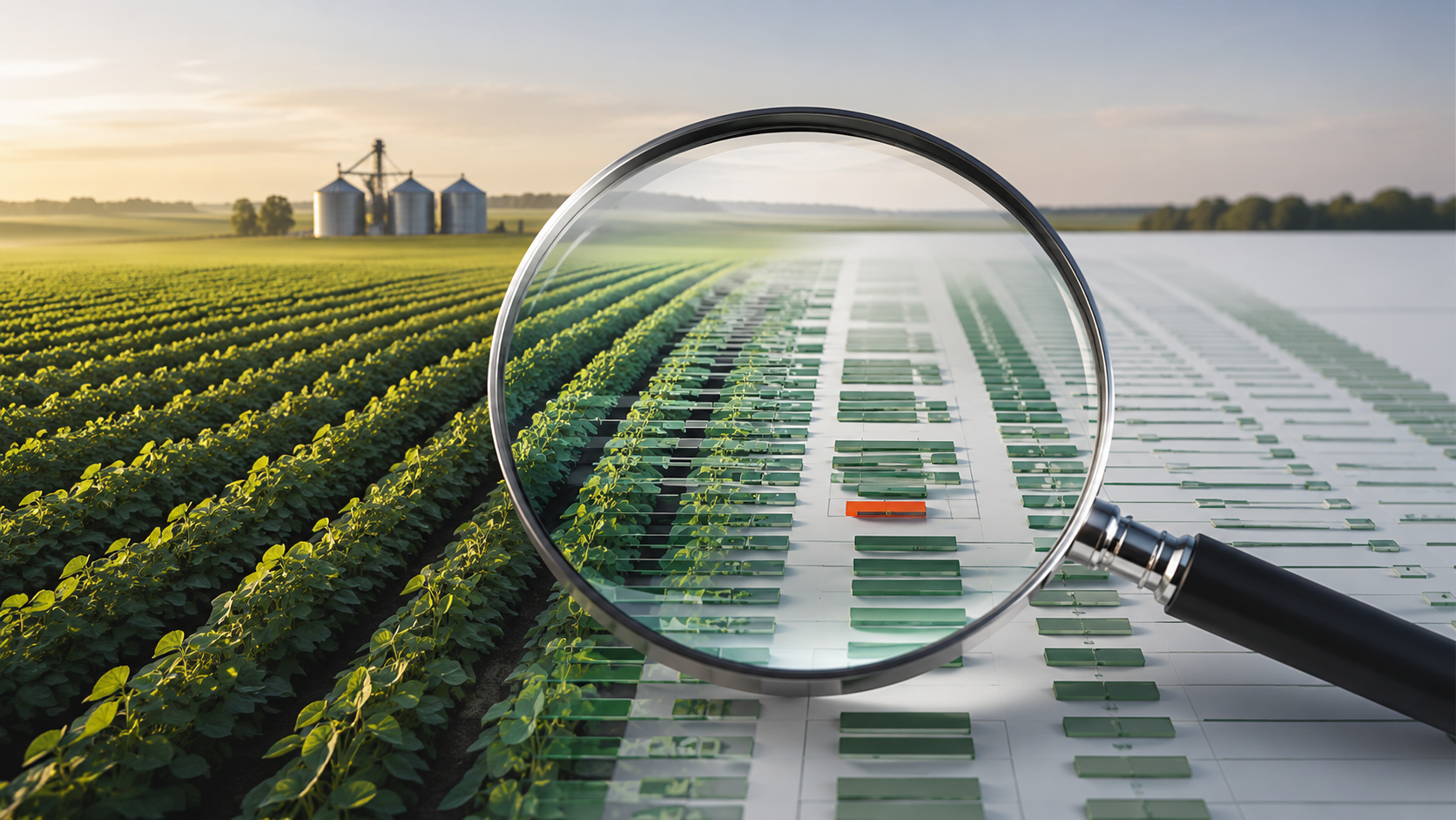 Lente destaca uma inconsistência em dados sobre uma lavoura, representando a conferência do Declara Agro e LCDPR.