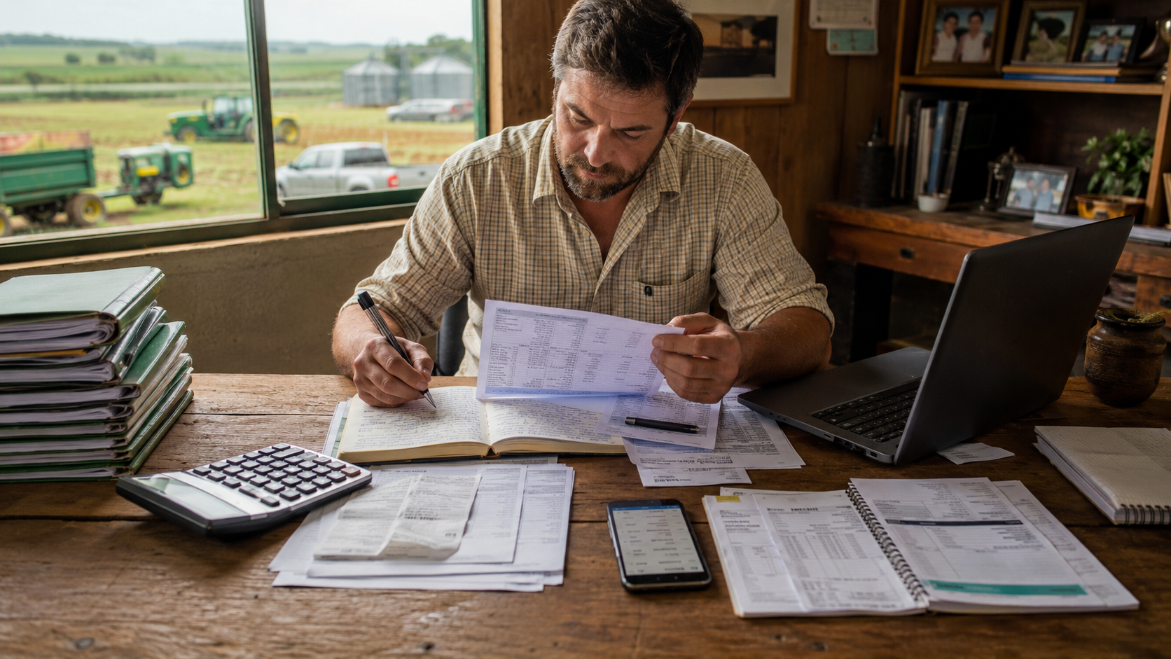 produtor rural em seu escritório analisando a papelada